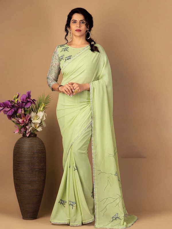 Pista Green Fancy Dyed Digital Print Saree